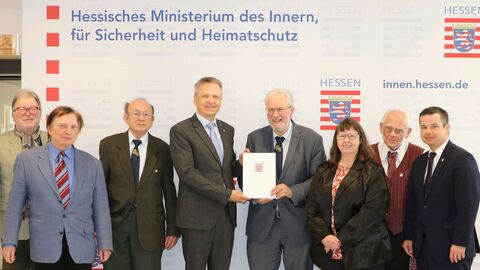 Staatssekretär Martin Rößler u.a. mit MdL Andreas Hofmeister, Vorsitzender der Landsmannschaft Schlesien Albrecht Kauschat, Schriftführer Heinz Jenke und Geschäftsführerin Patricia Ehl