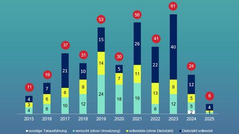 Die Gesamtzahlen steigen von 11 (2015) auf einen Höchstwert von 61 (2023) und sinken danach deutlich auf 6 (2025). Dargestellt sind Anteile für Diebstahl vollendet, vollendete Taten ohne Diebstahl, versuchte Taten sowie sonstige Tatausführung. Der größte Anteil entfällt meist auf vollendeten Diebstahl.