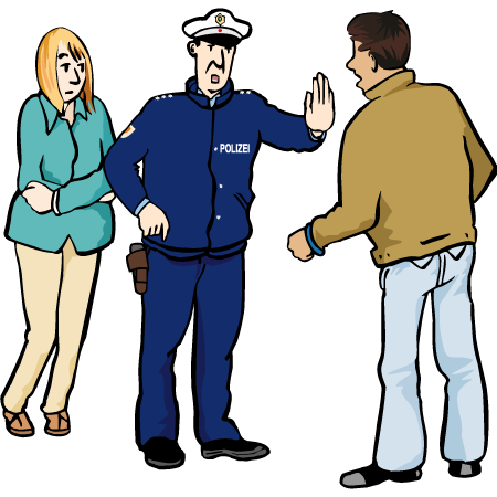 Ein Polizist schützt eine Frau vor einem  Mann. Die Frau hat Angst. Der Polizist sagt Stop zu dem Mann.